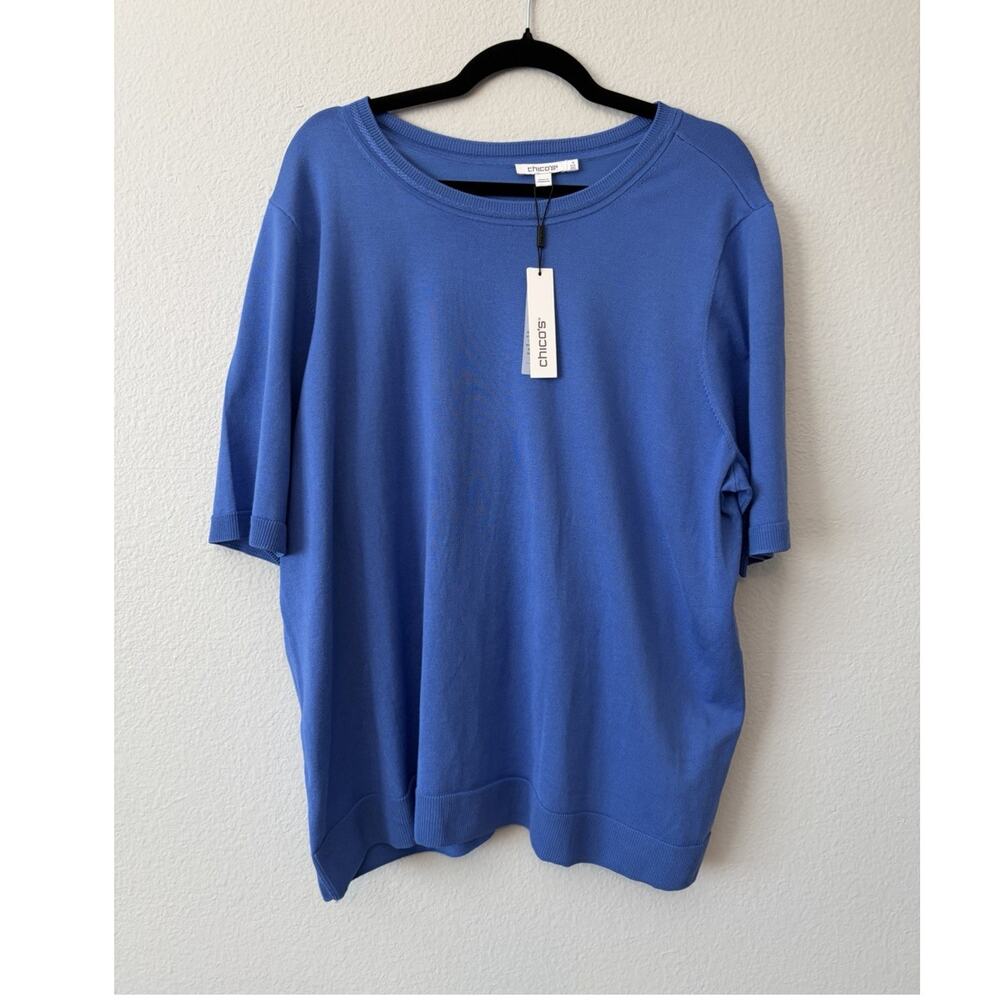 NWT Chico’s Blue Pearl Knit Crew Neck Short Sleeve Pullover Sweater 4 (2XL)
